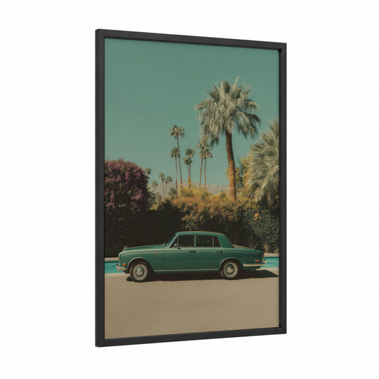 Turquoise Getaway framed classic car print — black wood frame — turquoise and cream palette