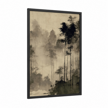 Misty Bamboo Forest framed bamboo jungle print — black wood frame — black and white and beige palette