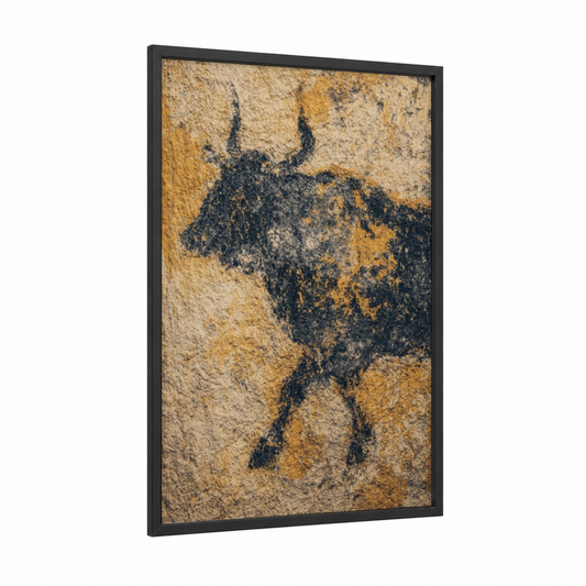 Ancient Yak Stone framed art print — black wood frame — black and gold and beige palette