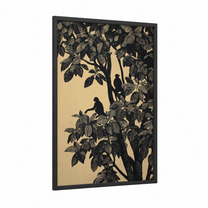 Monkeys In Canopy framed tropical trees print — black wood frame — black and white and cream palette