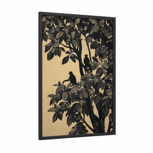 Monkeys In Canopy framed tropical trees print — black wood frame — black and white and cream palette