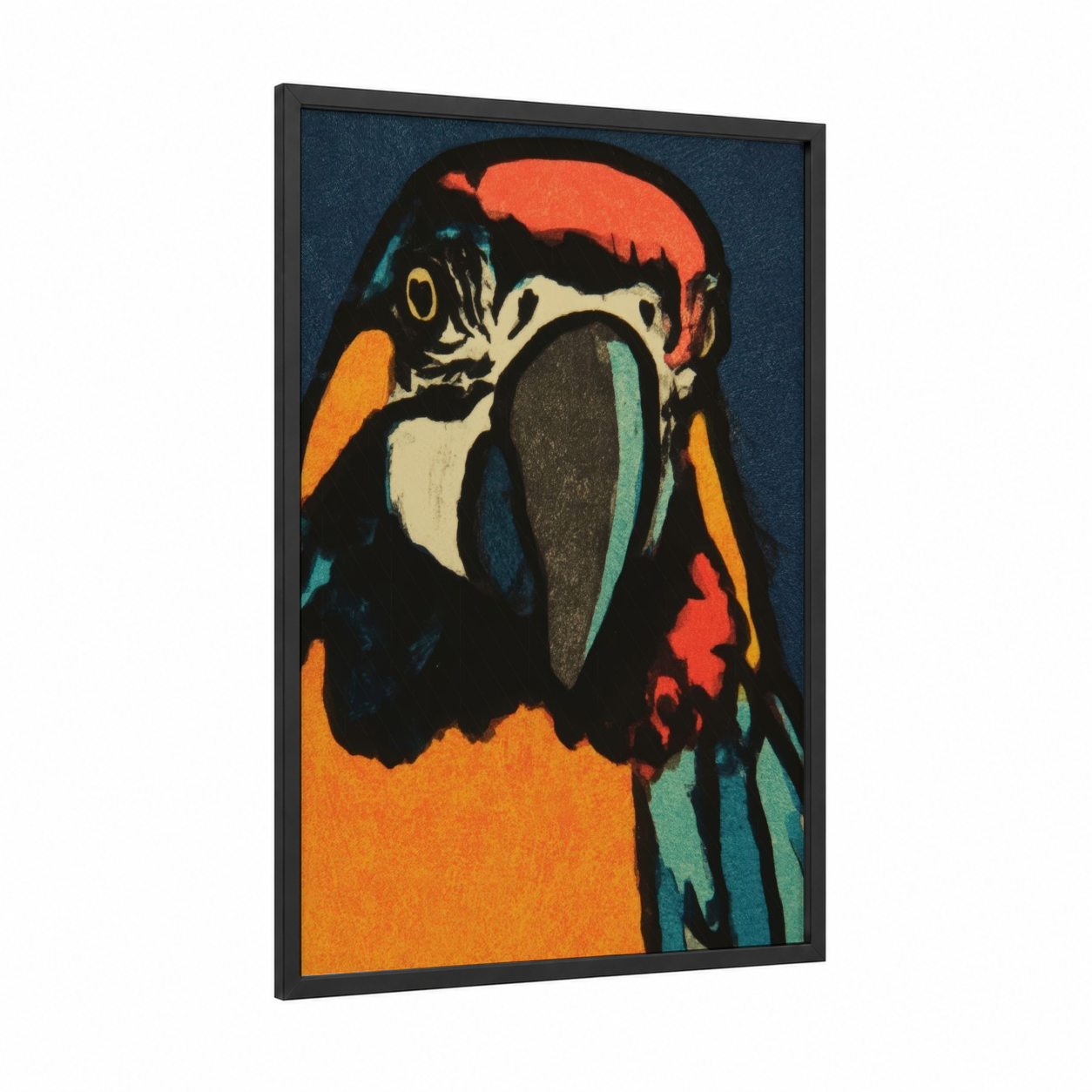 Tropical Macaw Portrait framed art print — black wood frame — orange and teal palette