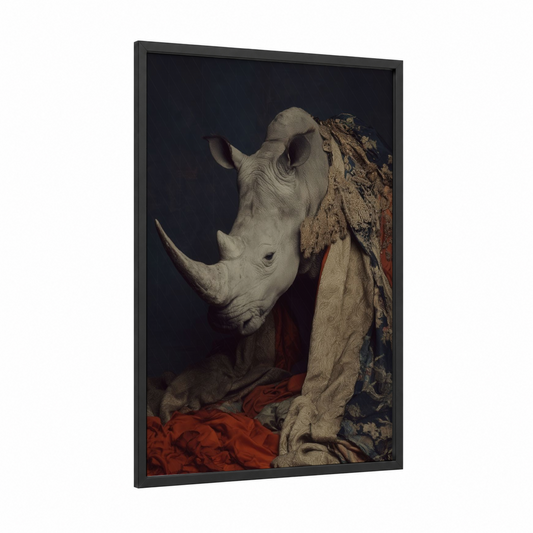 Regal Rhino Portrait framed art print — black wood frame — black and gold and white palette