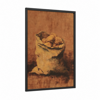 Rustic Potato Sack framed vegetable print — black wood frame — gold and brown palette