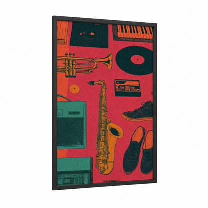 Funk Vibes Collage framed art print — black wood frame — red and orange palette