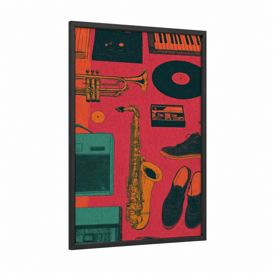 Funk Vibes Collage framed art print — black wood frame — red and orange palette
