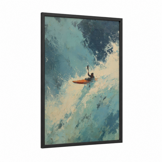 Solitary Paddler framed kayaks and canoes print — black wood frame — teal and cream palette