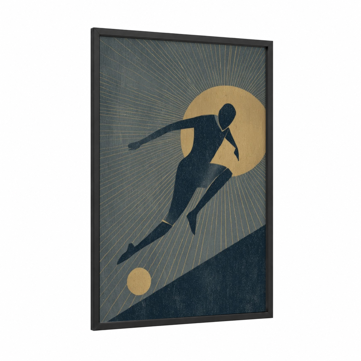 Dynamic Soccer Player framed art print — black wood frame — gold and dark blue palette