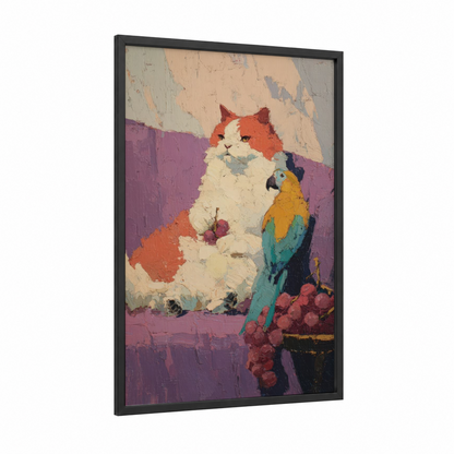 Colorful Cat Parrot framed art print — black wood frame — magenta and teal palette
