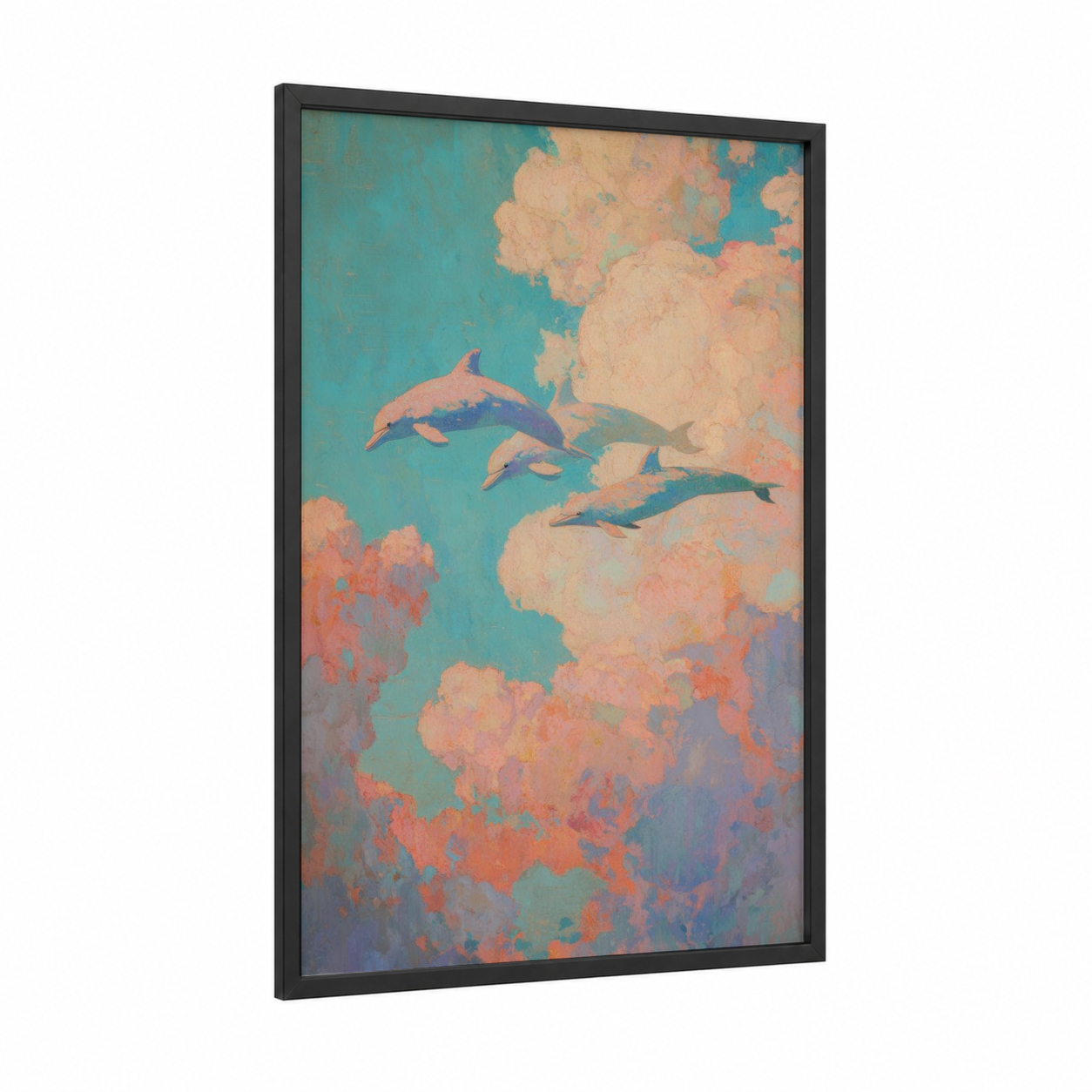Dreaming Dolphins framed art print — black wood frame — teal and peach palette