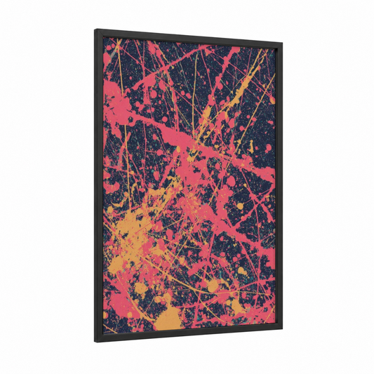 Neon Splatter framed abstract expressionism print — black wood frame — magenta and gold palette