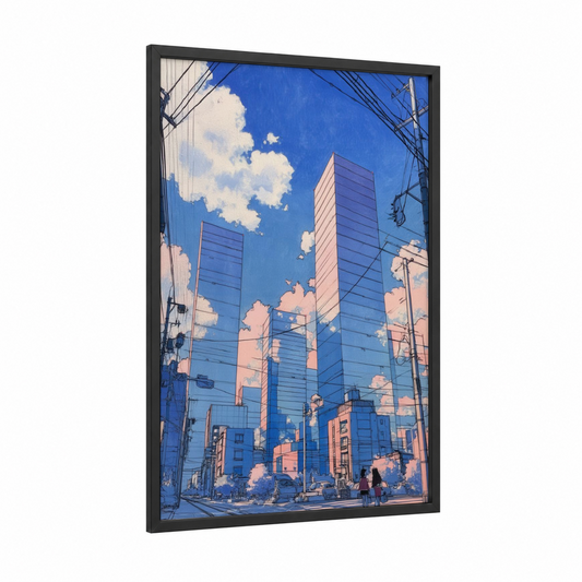 Urban Skyline Dream framed abstract architecture print — black wood frame — blue and peach palette