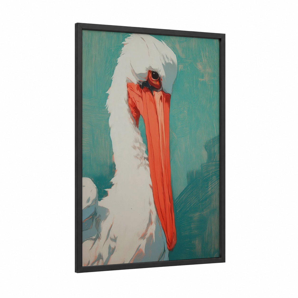 Crimson Pelican framed art print — black wood frame — teal and red palette