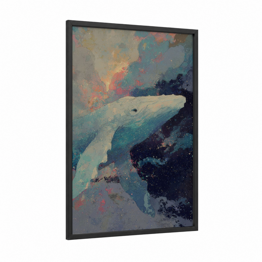Cosmic Whale framed gray whale print — black wood frame — teal and cream palette