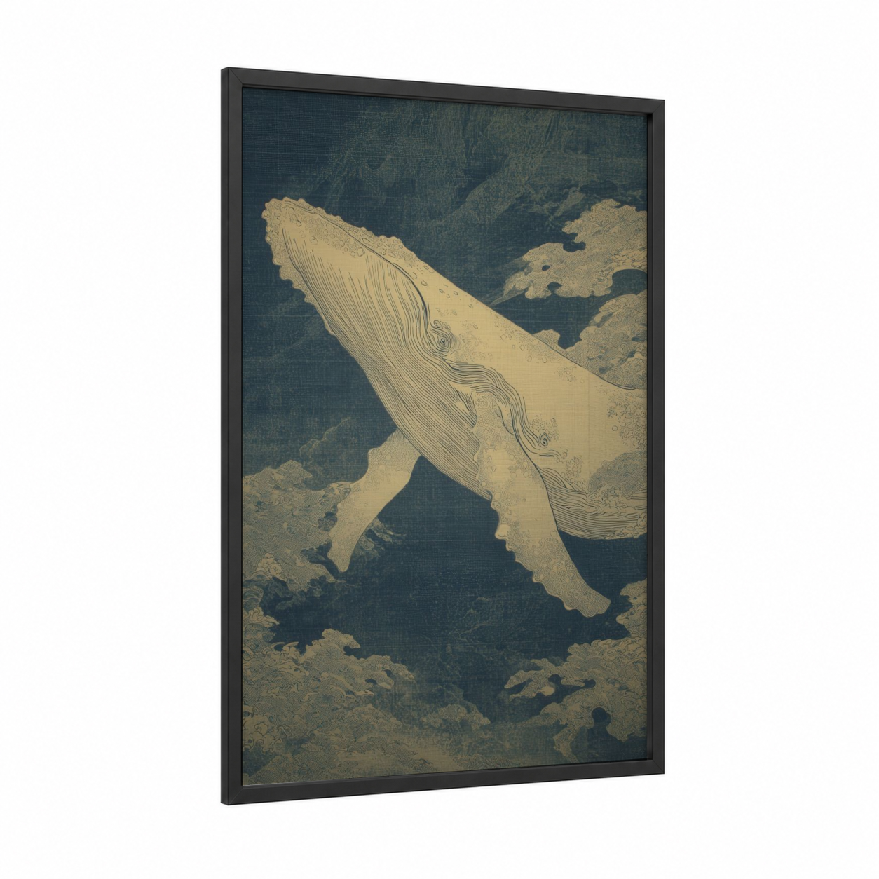 Humpback Depths framed blue whale print — black wood frame — teal and cream palette