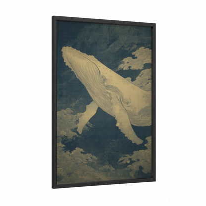 Humpback Depths framed blue whale print — black wood frame — teal and cream palette