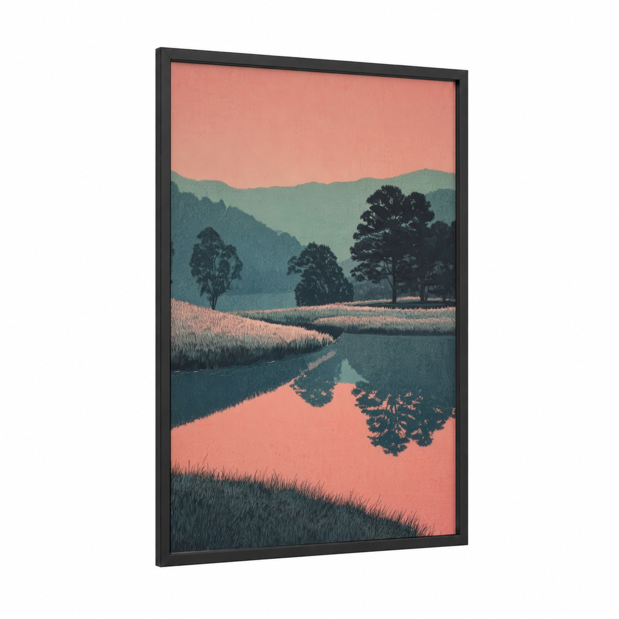 Crimson Mountain Reflection framed blue ridge mountains print — black wood frame — salmon pink and teal palette