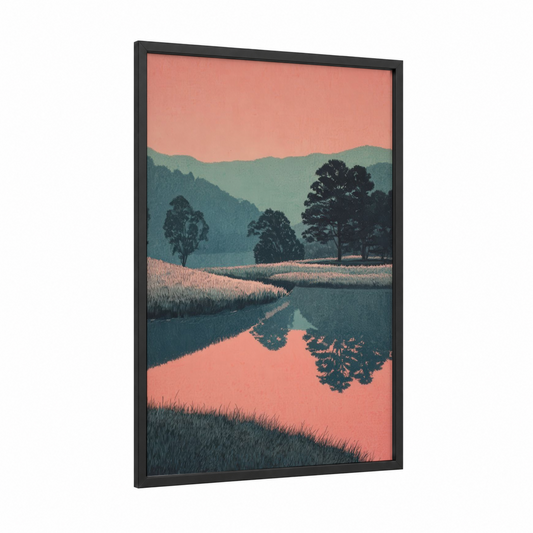 Crimson Mountain Reflection framed blue ridge mountains print — black wood frame — salmon pink and teal palette