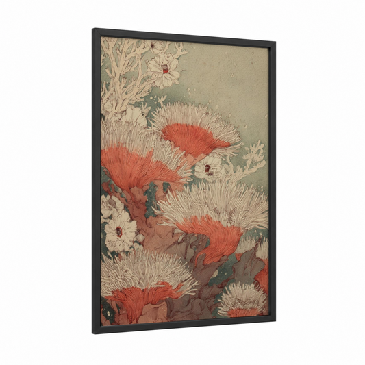 Crimson Anemones framed sea anemone print — black wood frame — salmon pink and sage green palette