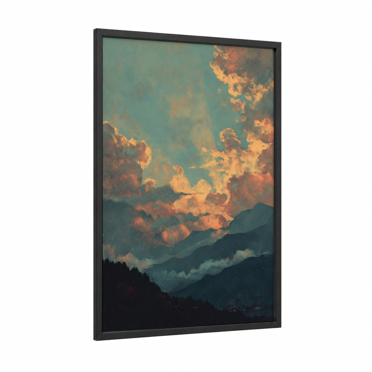 Golden Alpine Sunset framed alps print — black wood frame — gold and teal palette