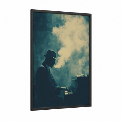 Smoky Pianist framed smoke print — black wood frame — blue and white and teal palette