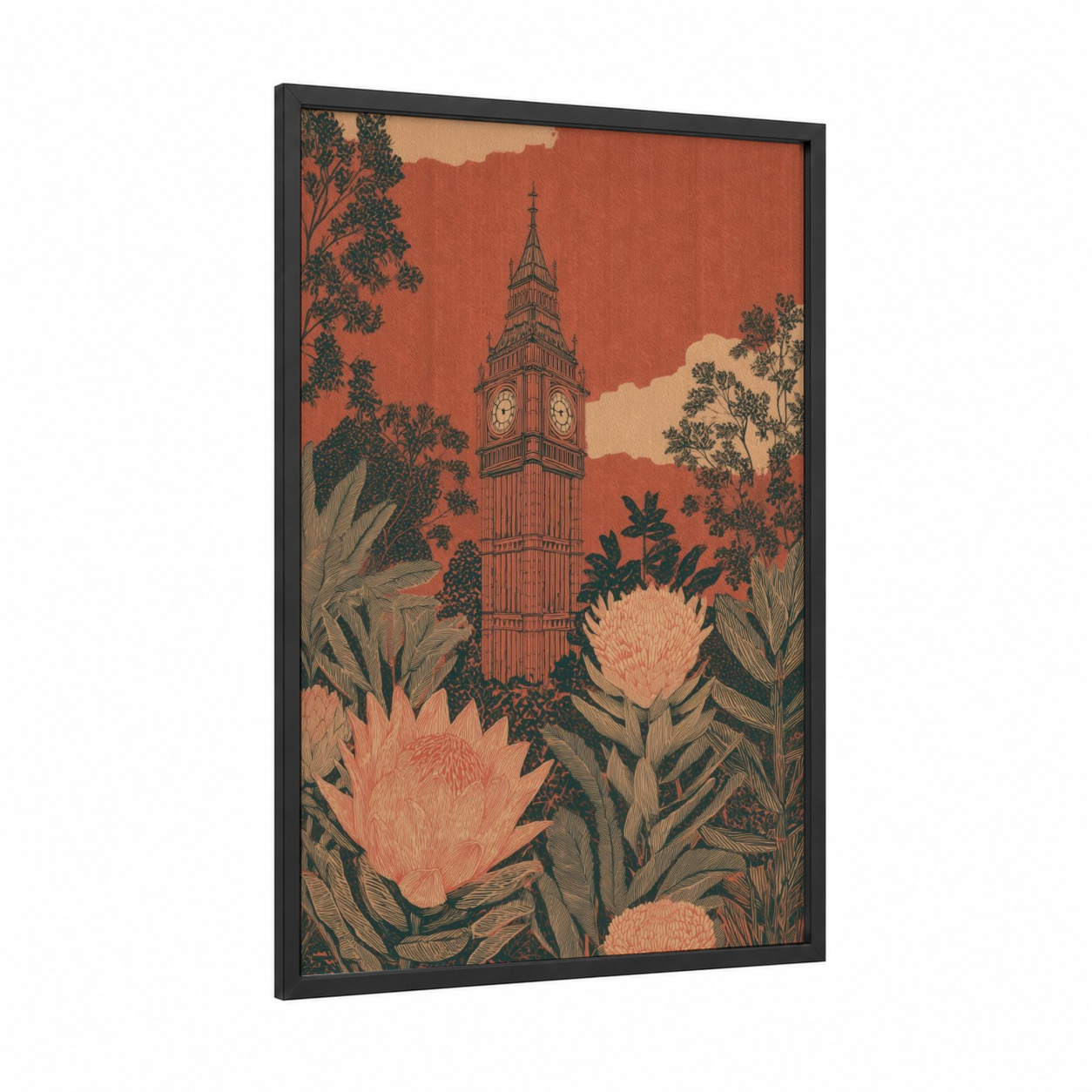 Big Ben Botanical framed art print — black wood frame — cream palette