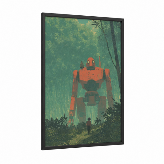 Forest Guardian Robot framed art for boy print — black wood frame — teal and orange palette