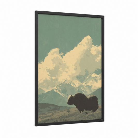 Alpine Yak framed art print — black wood frame — sage green and cream palette