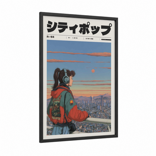 Rooftop Dreams framed anime and manga print — black wood frame — blue and orange palette
