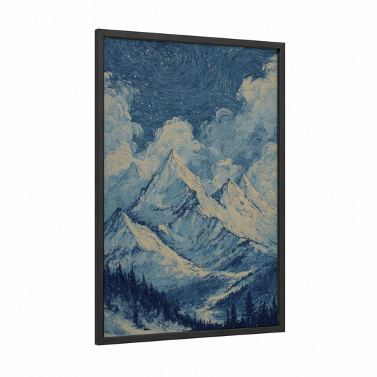 Starlit Himalayas framed art print — black wood frame — blue and cream palette