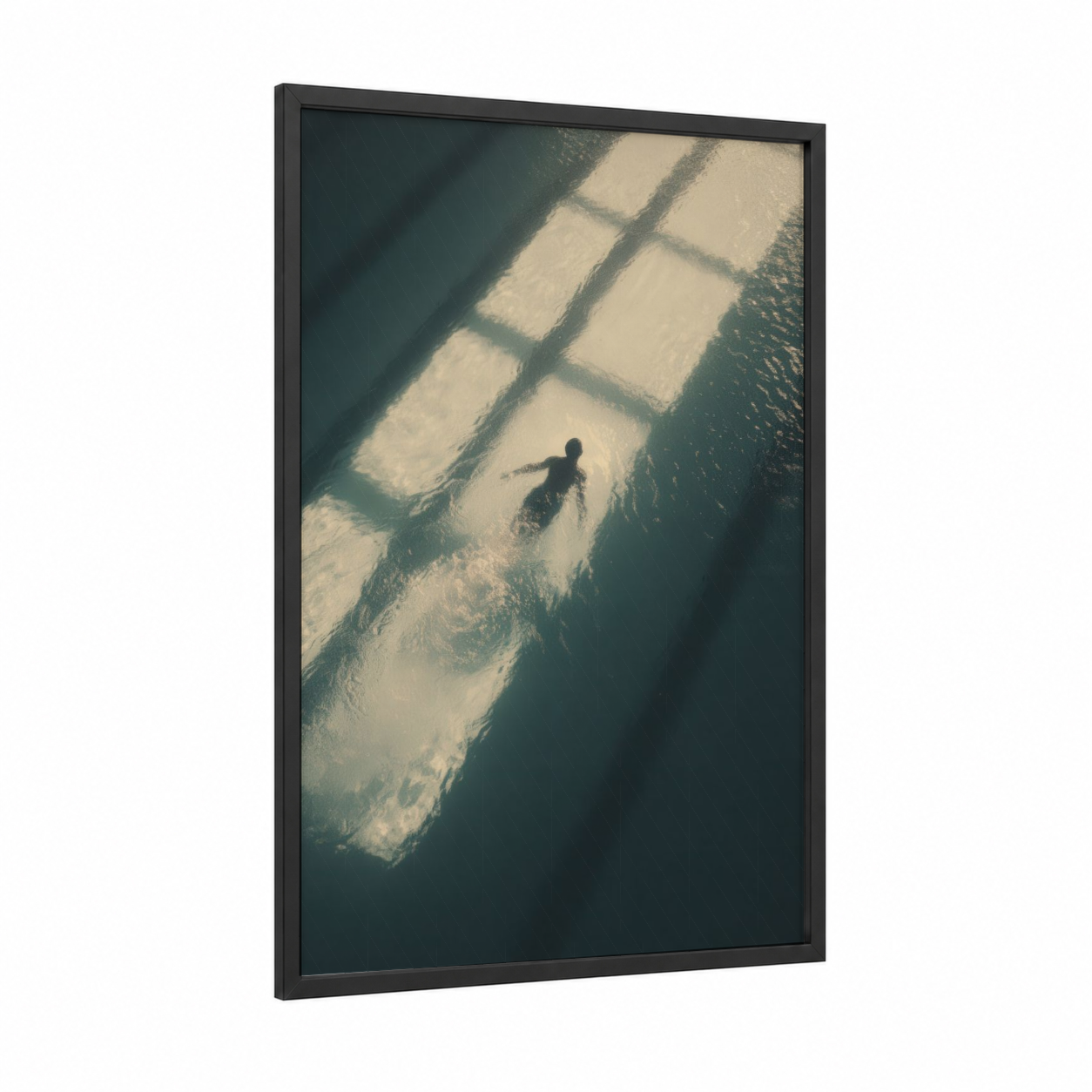 Sunlit Swimmer framed swimming print — black wood frame — blue and white and gold and white palette