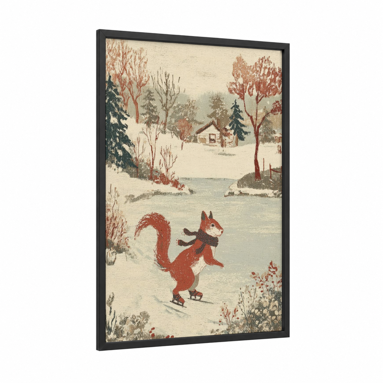 Skating Squirrel framed art print — black wood frame — cream and russet palette