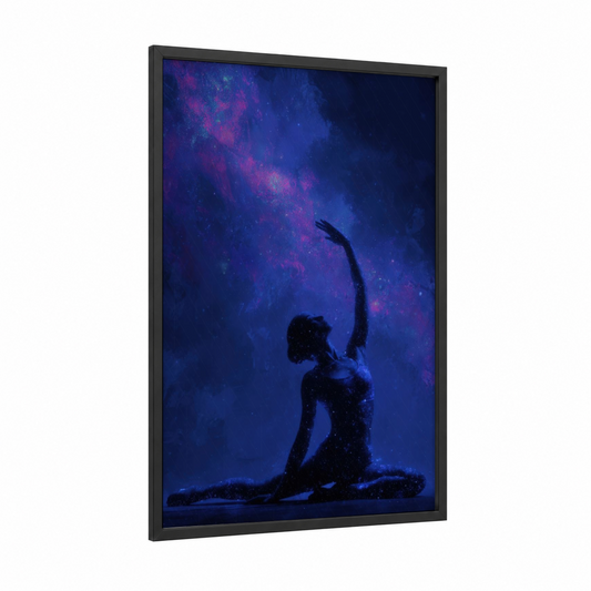 Cosmic Yoga Silhouette framed fitness yoga print — black wood frame — blue and purple palette