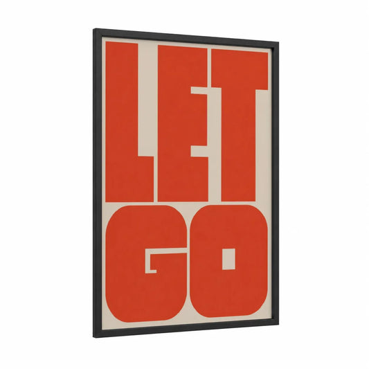 Let Go Typographic Geometric Wall Art framed abstract geometric print — black wood frame — red and beige palette