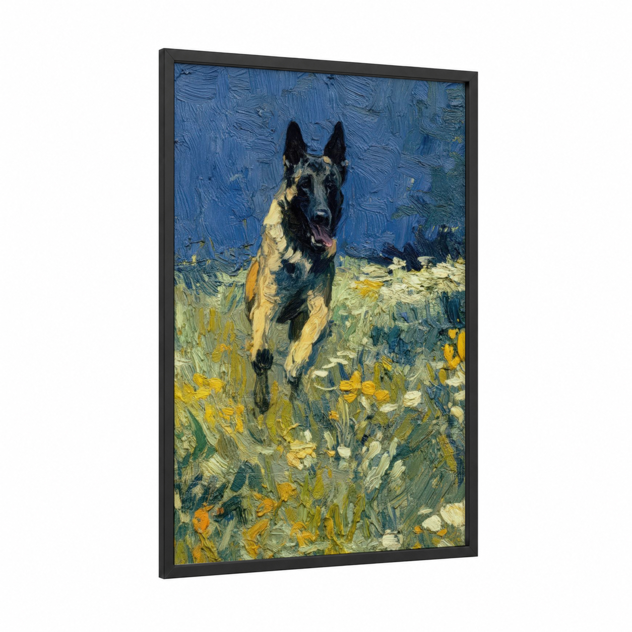 Meadow Shepherd framed shepherd dogs and collies print — black wood frame — blue and yellow gold palette