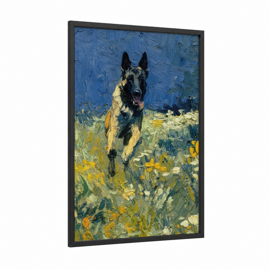 Meadow Shepherd framed shepherd dogs and collies print — black wood frame — blue and yellow gold palette