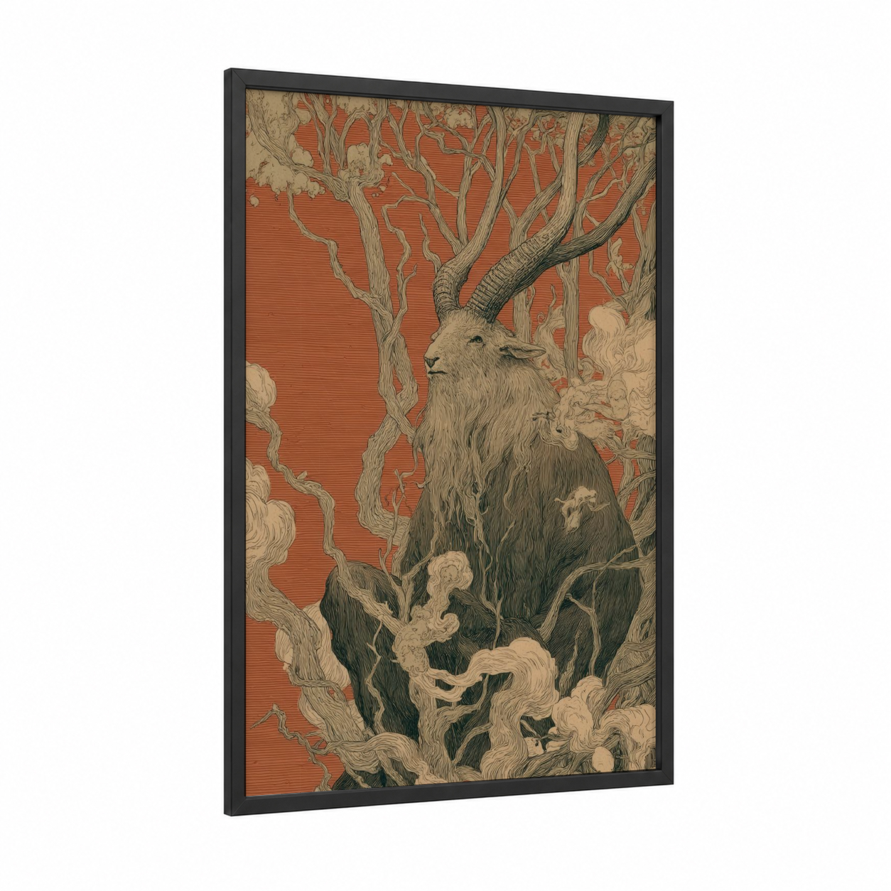 Mystical Goat framed wiccan print — black wood frame — cream palette