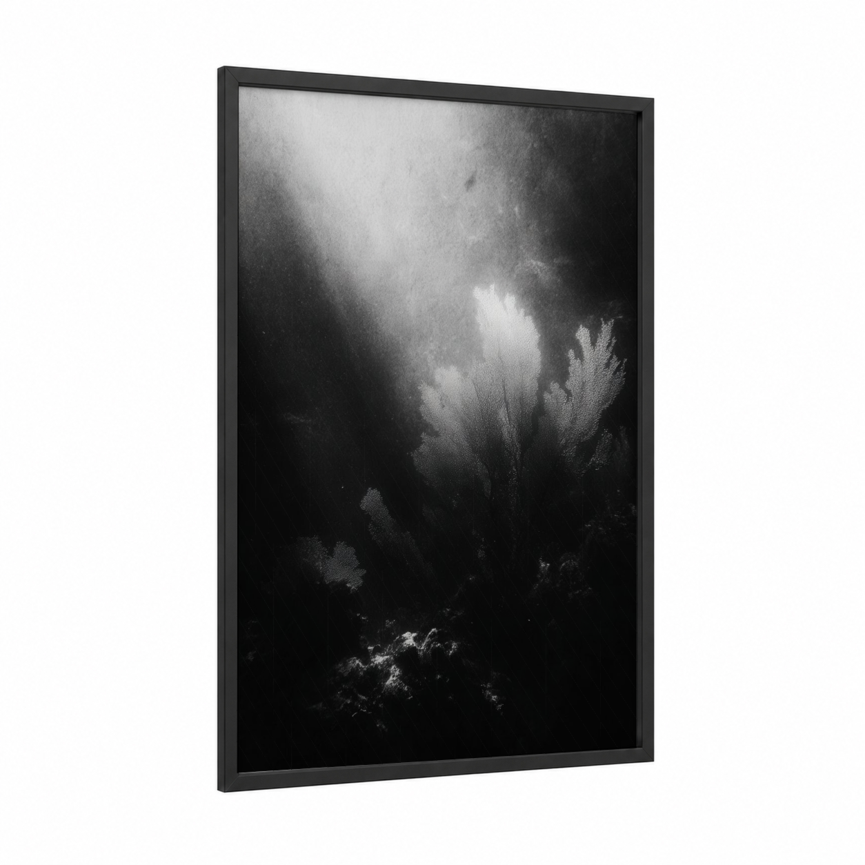 Ethereal Coral Garden framed art print — black wood frame — black and white and gray palette