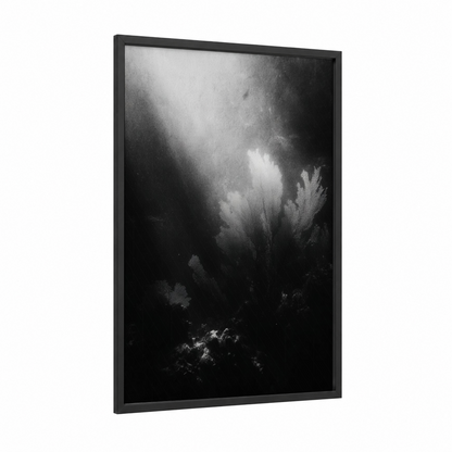 Ethereal Coral Garden framed art print — black wood frame — black and white and gray palette