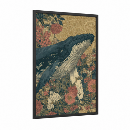 Floral Humpback framed humpback whale print — black wood frame — gold and salmon pink palette