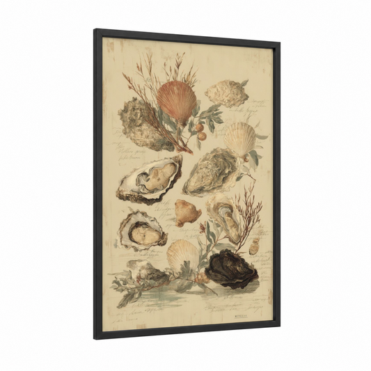 Vintage Oyster Study framed art print — black wood frame — beige and russet palette