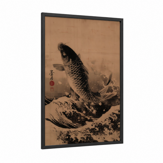 Leaping Dragon Fish framed art print — black wood frame — black and white and beige palette
