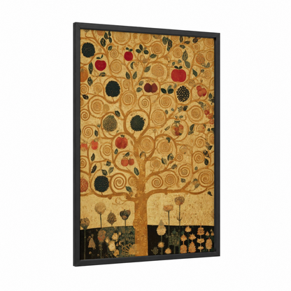 Harvest Tree Blessings framed christian symbols print — black wood frame — gold and red palette