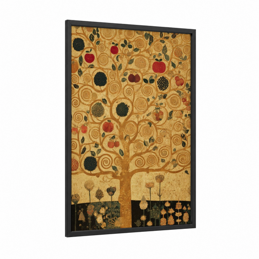 Harvest Tree Blessings framed christian symbols print — black wood frame — gold and red palette