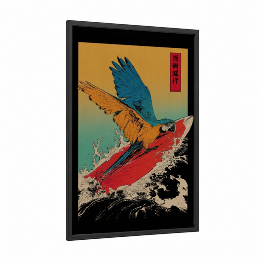 Tropical Macaw Landing framed art print — black wood frame — gold and blue palette