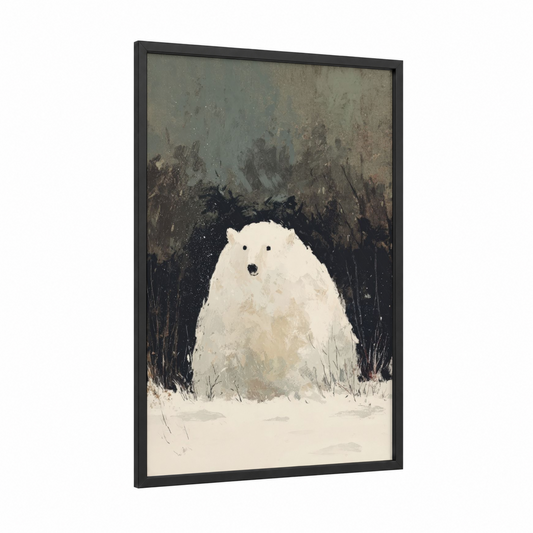 Snowy Bear framed polar bear print — black wood frame — white and gray palette