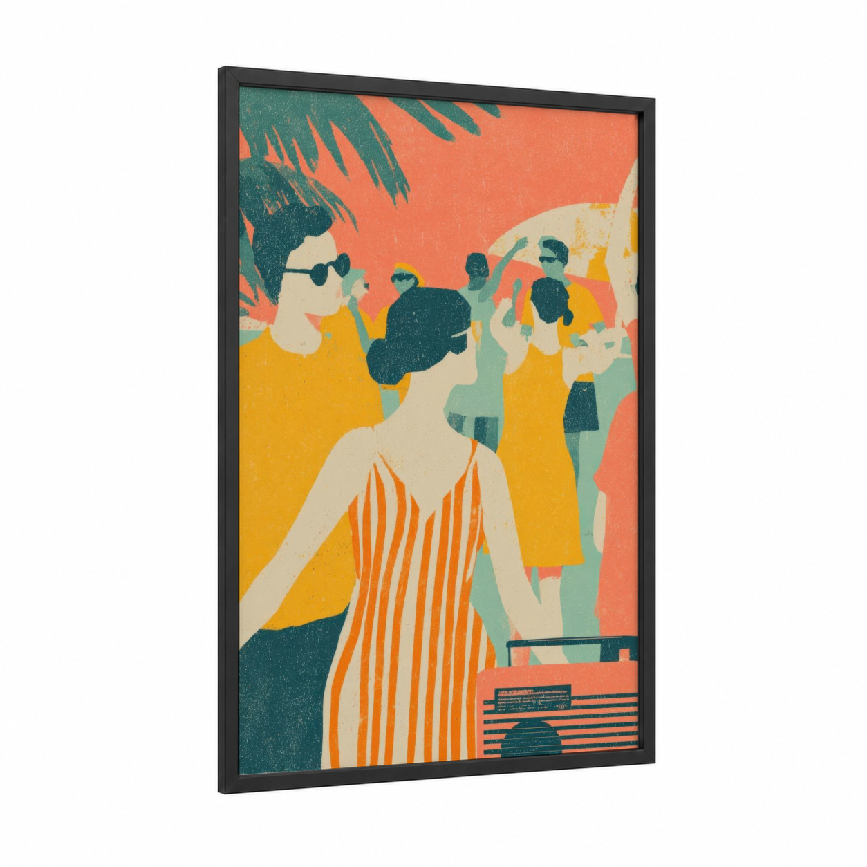 Poolside Vibes framed retro pop print — black wood frame — orange and teal palette