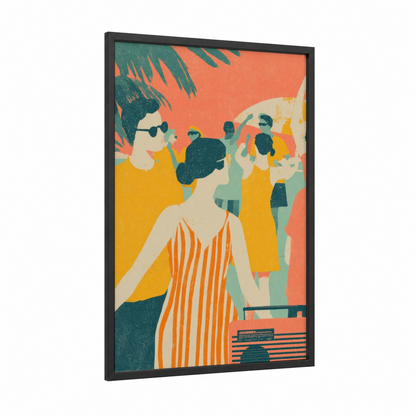 Poolside Vibes framed retro pop print — black wood frame — orange and teal palette