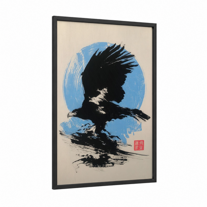 Soaring Eagle framed art print — black wood frame — blue and black palette