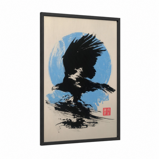 Soaring Eagle framed art print — black wood frame — blue and black palette